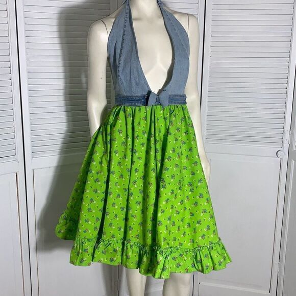 NWT Vintageinc Handmade Denim Halter Top Full Circle Dress Free Size - Picture 2 of 16